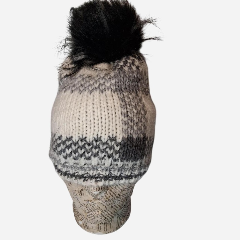 Womens cream black gray striped knit beanie with faux fur pom pom